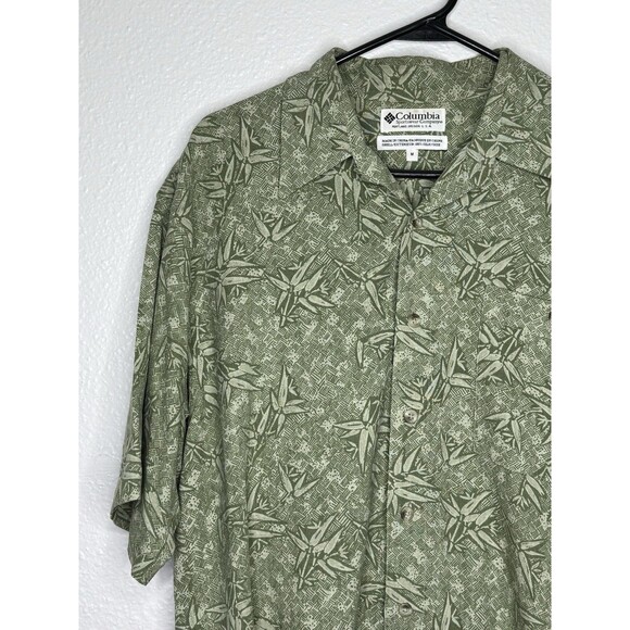 Vtg Columbia Button Front Shirt Men's Medium Silk Green Hawaiian Palm Leaves 90s - Picture 3 of 16